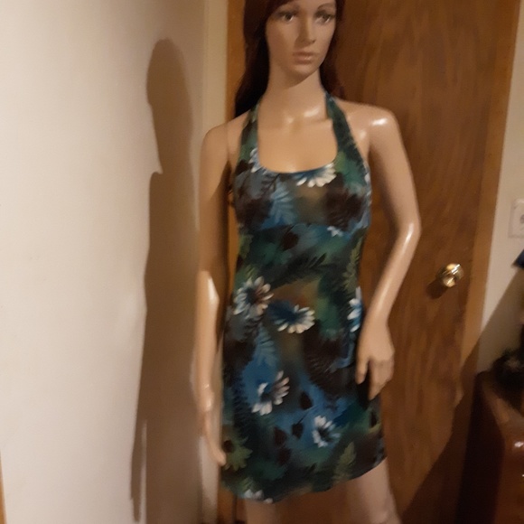 Vibrant Blue & Brown Floral Halter Dress Sz S - Picture 3 of 7